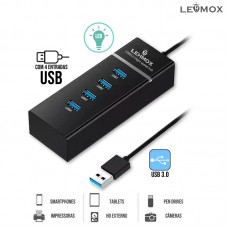 Hub USB 3.0 com 4 Portas Velocidade 5GBPS Indicador LED Azul Cabo 30cm LEY-200 Lehmox